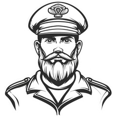 Black and white sketch of a bearded captain man in uniform and cap. He has a strong jawline and a serious expression that represents authority and leadership
