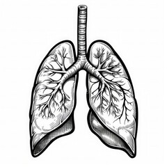 Black and white sketch of human lungs. The drawing shows detailed bronchial structures and alveoli, emphasizing the respiratory system's anatomy.