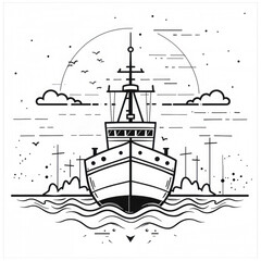 Black and white sketch of a fishing boat on water. The boat is detailed with lines and shapes. Clouds and birds are illustrated in the background.
