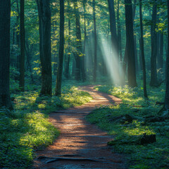 Obraz premium Sunlit path winding through woods.