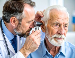 A senior patient sitting in a medical clinic while an ENT doctor uses an otoscope
