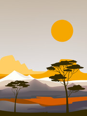Landscape scene with mountain peaks, hill, lake vector illustration background.