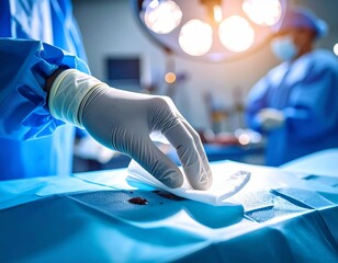 surgeon's gloved hand gently pressing gauze