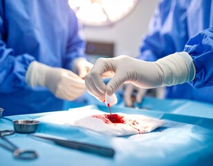 surgeon's gloved hand gently pressing gauze