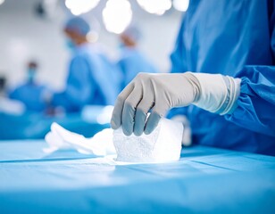 surgeon's gloved hand gently pressing gauze