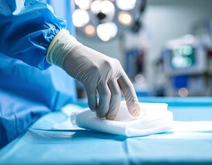 surgeon's gloved hand gently pressing gauze
