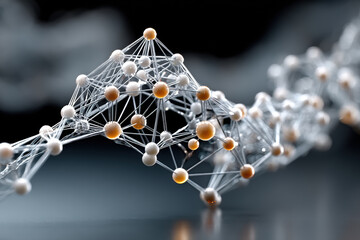 Molecular structure with interconnected nodes and lines, representing network connection, digital communication, and scientific innovation in modern abstract style