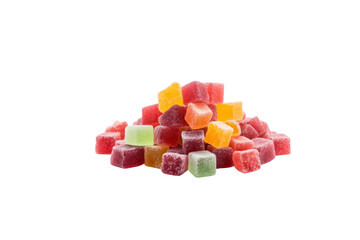 A pile of colorful, sugary, cube-shaped jellies. background removed