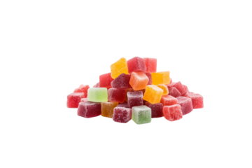 A pile of colorful, sugary, cube-shaped jellies. background removed