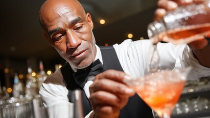 Bartender skillfully mixing cocktails in a vibrant bar setting during an evening shift