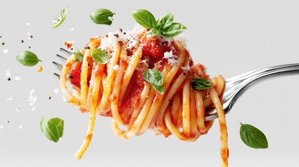 Spaghetti with tomato sauce and basil flying through the air on a fork