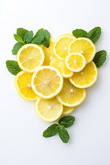 Heart shape made of fresh lemons and mint leaves for a vibrant summer decoration