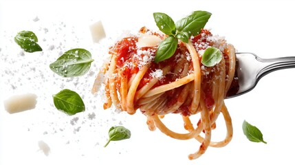 Fork with spaghetti and tomato sauce flying in mid-air above garnished basil leaves