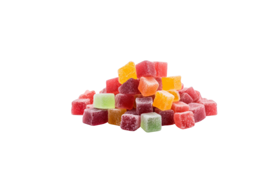 A pile of colorful, sugary, cube-shaped jellies. background removed