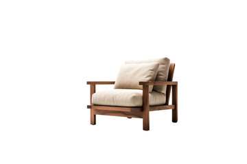 Fototapeta premium Modern wooden armchair with beige cushions, perfect for relaxing. background removed