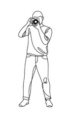 Continuous line art drawing of photographer taking picture with camera. Minimalist vector illustration