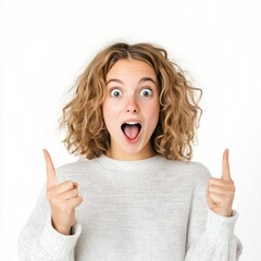 Young woman expressing excitement and surprise while pointing in a bright indoor setting