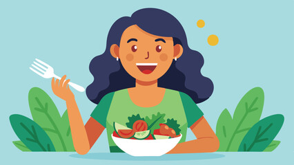 Illustrated Woman Smiling with Fork and Salad Bowl on Light Blue Background with Greenery