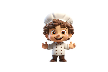 A cheerful cartoon chef boy with brown curly hair, wearing a white chef's uniform, gives a thumbs up. background removed