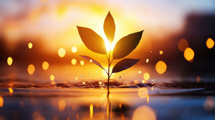 Silhouette of water plant with green leaves against glowing sunset, warm golden light, water reflections, peaceful and hopeful atmosphere, nature concept