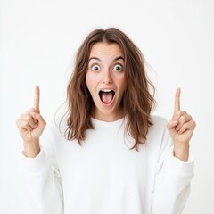 Young woman expresses excitement with surprise and joy while pointing in a bright space