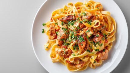 Fettuccine with chicken garnished with fresh herbs on a white plate