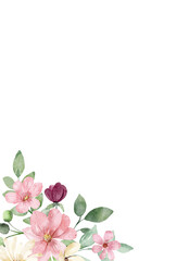 Greeting card template with watercolor flowers, floral background with place for text. Illustration hand drawing. Isolated on white background.