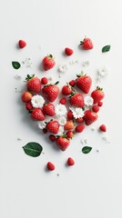 Strawberry heart shape with green leaves and white flowers on a light background