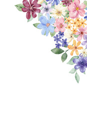 Greeting card template with watercolor flowers, floral background with place for text. Illustration hand drawing. Isolated on white background.