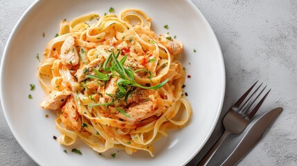 Fettuccine with chicken garnished with herbs on a white plate against a neutral background