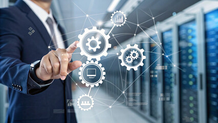 Visual representation of digital transformation with a professional navigating complex technological infrastructure.