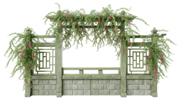 3D Garden Gate with Greenery and Pink Flower Accents