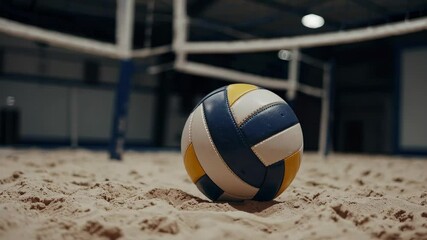 Exciting beach volleyball game played in indoor arena with vibrant sand court and dynamic players