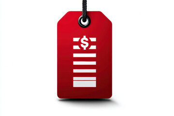 Red price tag with dollar symbol, isolated on white background, featuring rope for hanging, symbolizing sale, discount, or shopping promotion, with modern and clean design