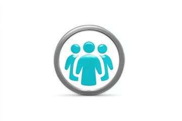 Group of people icon in blue with three human figures inside silver circle, symbolizing teamwork, community, and collaboration on white background