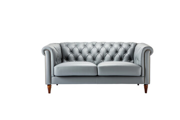 Elegant gray leather chesterfield sofa, classic design, tufted backrest. background removed