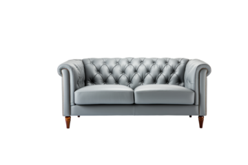 Elegant gray leather chesterfield sofa, classic design, tufted backrest. background removed
