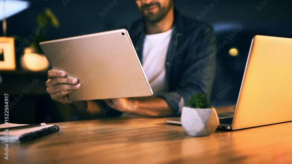 Aufkleber Hands, tablet and business man at night with graphic design career with modern software at desk. Male employee, creative project and technology for typography and visual information as web designer