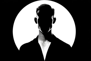 Silhouette of man with short hair centered in front of bright white circle, minimal black and white portrait, mysterious and dramatic mood