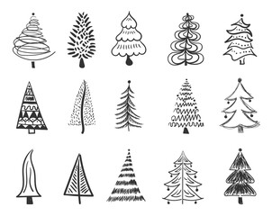 Obraz premium png decorative elements with cartoon tree and outline ornament icon scribble vintage set for new year design black white illustration