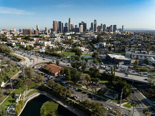 Fototapeta premium Los Angeles Downtown Hollywood Freeway Aerial Shot from Echo Park California USA