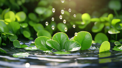 Fresh green water plant leaves with intricate patterns and texture, water droplets falling and creating ripples, natural sunlight, peaceful and vibrant atmosphere