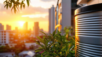 Water storage tank rooftop city skyline sunset urban metal building green plant sunlight residential. metal water storage tank rooftop with green foliage city skyline and warm sunset light evoking