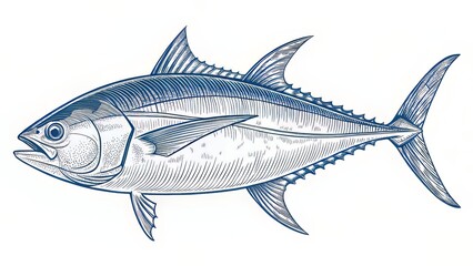 A stylized tuna illustration with pronounced spine detailing and balanced body flow, made for bold branding.