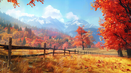 A vast autumn meadow with patches of fiery red and orange trees, a rustic wooden fence running along the edge, and distant mountains under a clear sky.