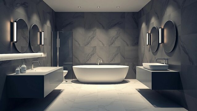 Elegantes, minimalistisches Badezimmer in Marmoroptik mit freistehender Badewanne, Doppelwaschbecken und indirekter Beleuchtung &ndash; modernes Interior-Design