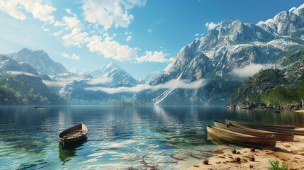 A vast, clear mountain lake with a sandy shoreline, small wooden boats docked by the edge, and snow-capped peaks towering in the distance under a bright sky.
