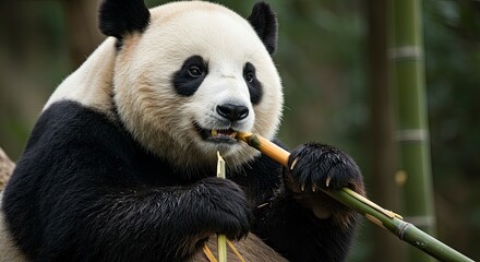 Obraz premium Panda Eating Bamboo In A Forest Setting Displaying Black And White Fur With Green Bamboo And Natural Light