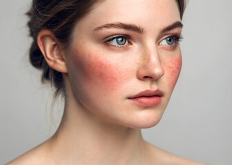 Young Caucasian woman suffering from rosacea on her face in the acute stage. Skin chronic disease. Dermatological problems.