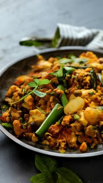 Sri Lankan kottu, a flavorful stir-fry of chopped roti bread, vegetables, and chicken, served on a metal plate. This vibrant and aromatic dish showcases the bold, spicy tastes of traditional cuisine